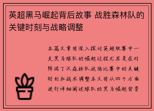 英超黑马崛起背后故事 战胜森林队的关键时刻与战略调整